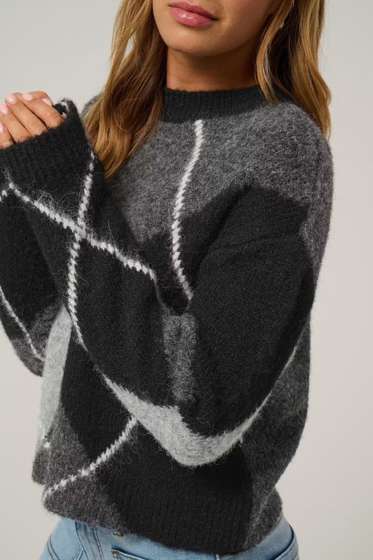 KAgrith knit pullover, grey melange/black check